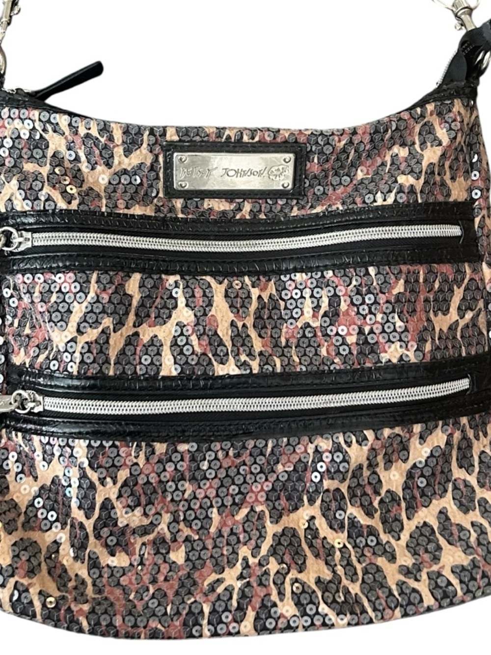 Betsey Johnson Leopard Sequin Cross Body Shoulder Bag in Black, Tan,